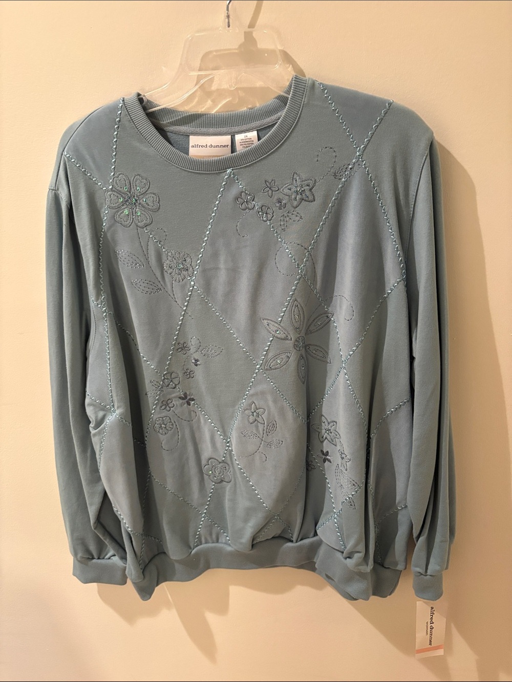 Alfred Dunner Light Blue Embroidered Diamond-Stitch Crewneck Sweater